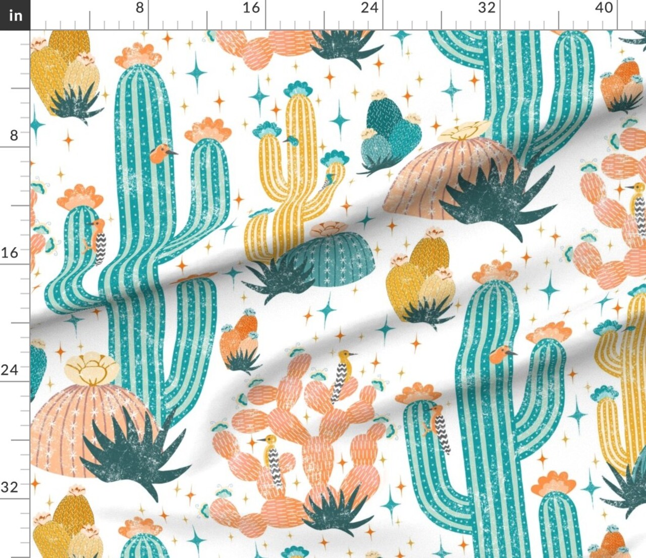 Mid Century Cactus Desert Retro Birds Custom Printed Fabric by Spoonflower Various Fabrics by the Yard or Fat Quarter